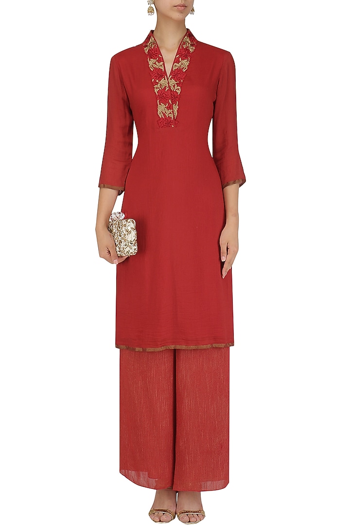 Red moonga embroidered straight kurta and palazzo set available only at Pernia's Pop Up Shop.