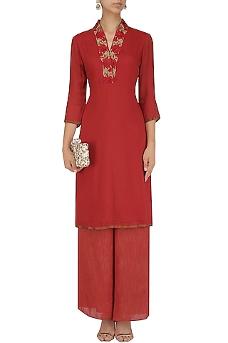 Red moonga embroidered straight kurta and palazzo set by Divya Gupta