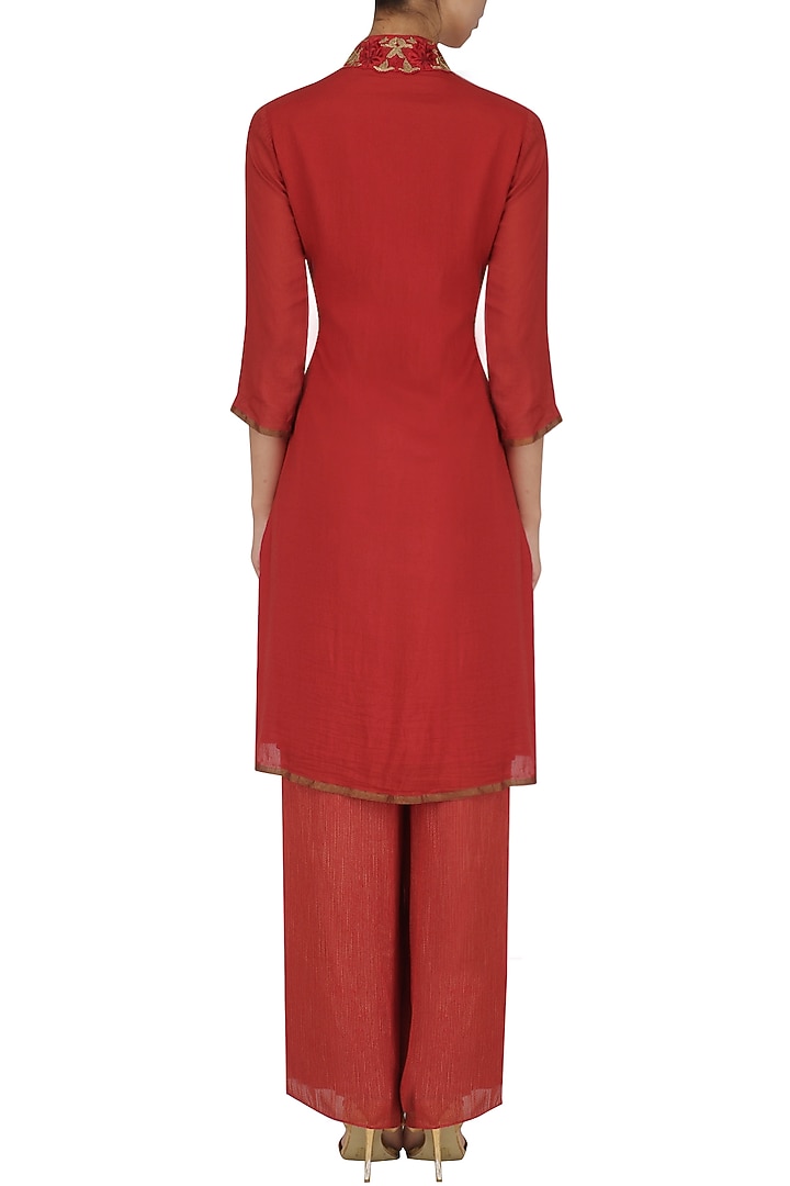 Red moonga embroidered straight kurta and palazzo set available only at Pernia's Pop Up Shop.