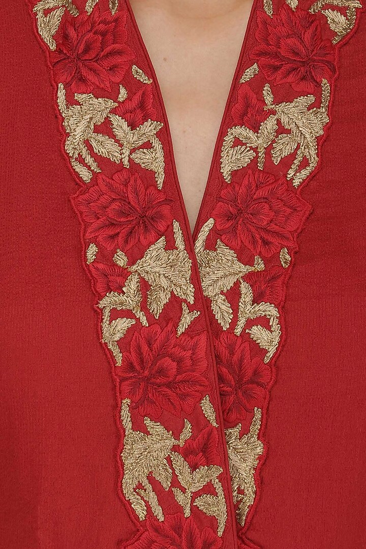 Red moonga embroidered straight kurta and palazzo set available only at Pernia's Pop Up Shop.