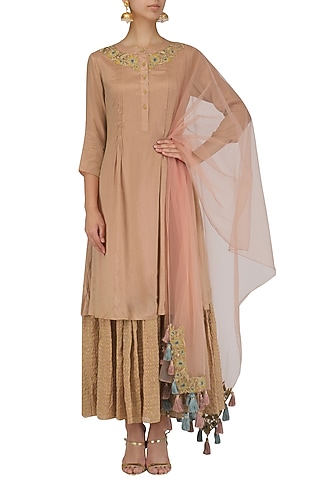 English rose pleated embroidered kurta and sharara set by Divya Gupta