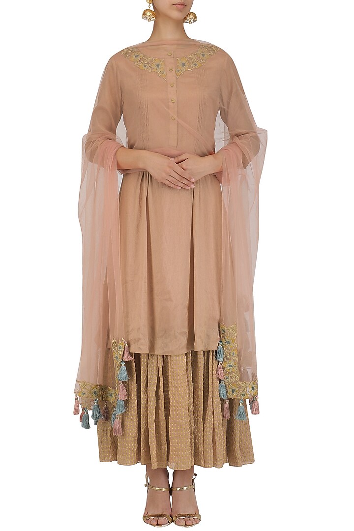 English rose pleated embroidered kurta and sharara set available only at Pernia's Pop Up Shop.
