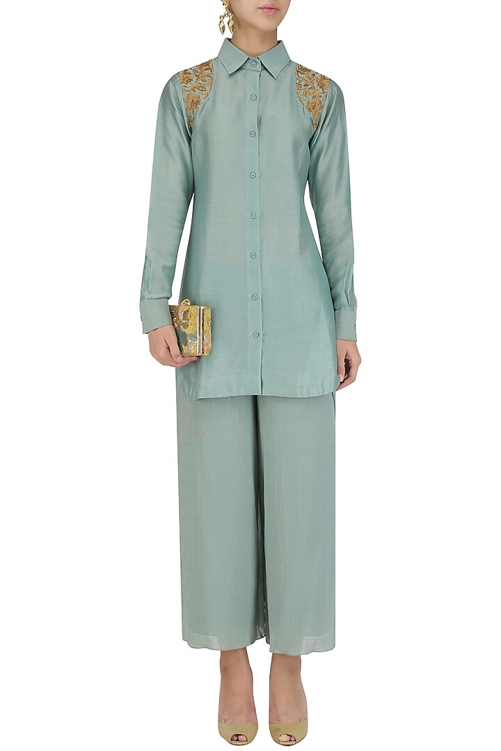 Aqua sage short embroidered chanderi kurta and culottes set available only at Pernia's Pop Up Shop.
