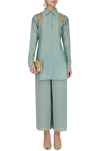 Aqua sage short embroidered chanderi kurta and culottes set by Divya Gupta