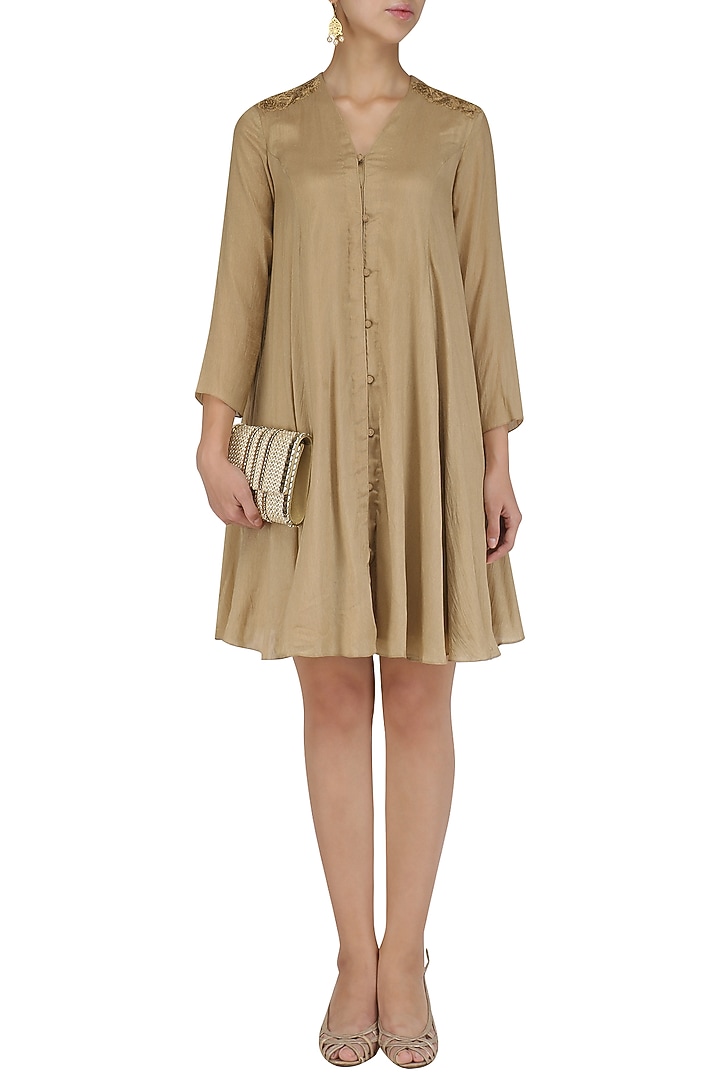 Gold thin stripe georgette flared dress available only at Pernia's Pop Up Shop.