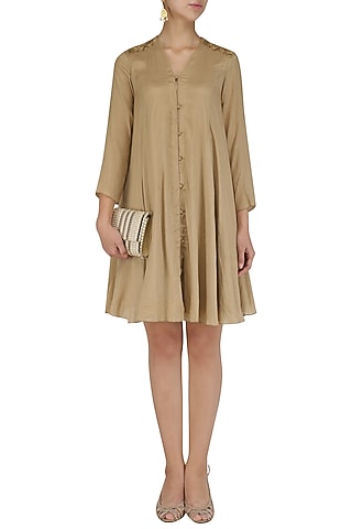 Gold thin stripe georgette flared dress by Divya Gupta