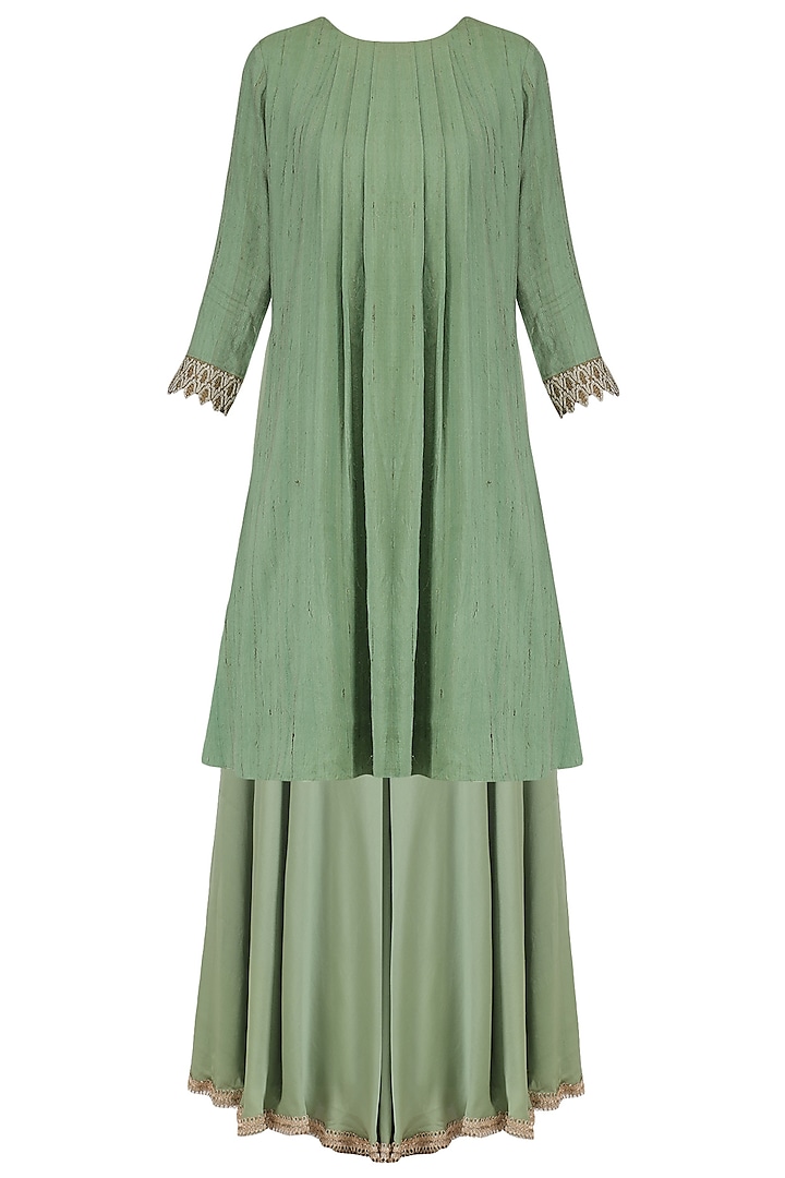 Sage green pleated moonga pashmina flared kurta and sharara set by Divya Gupta