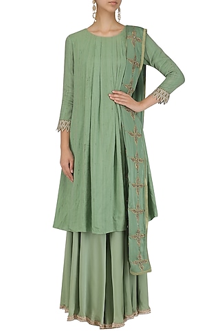 Sage green pleated moonga pashmina flared kurta and sharara set by Divya Gupta