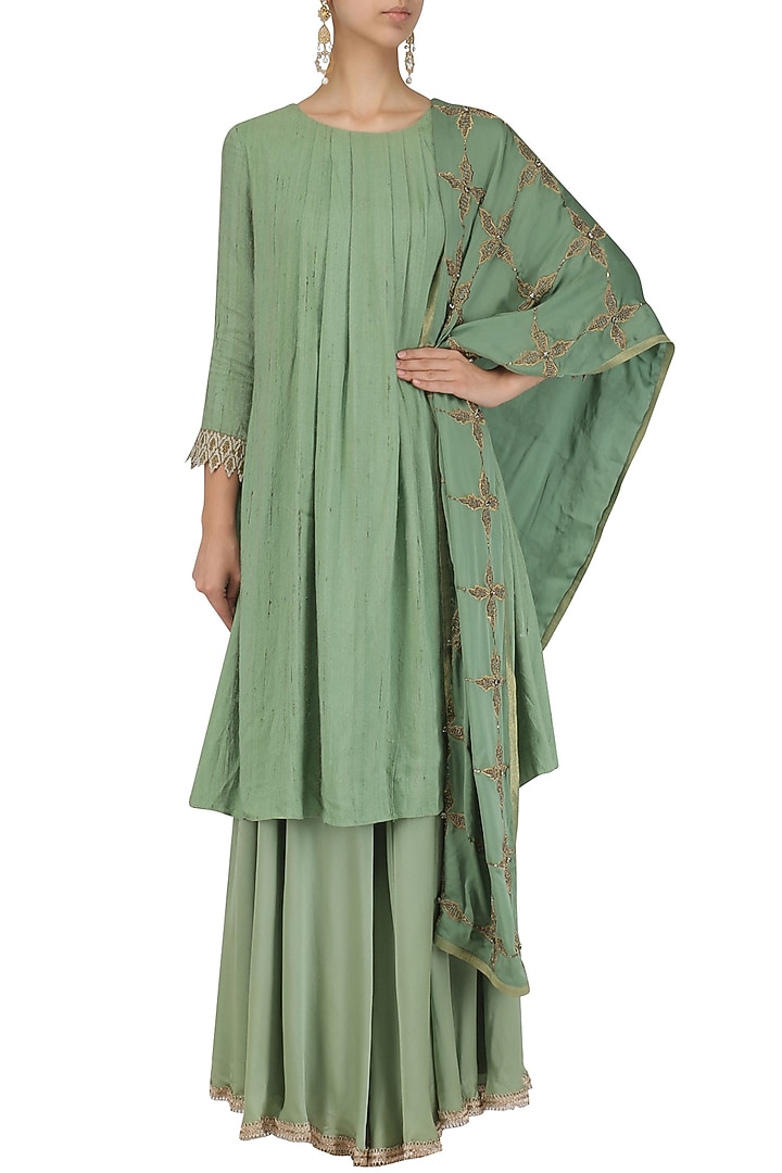 Sage green pleated moonga pashmina flared kurta and sharara set available only at Pernia's Pop Up Shop.