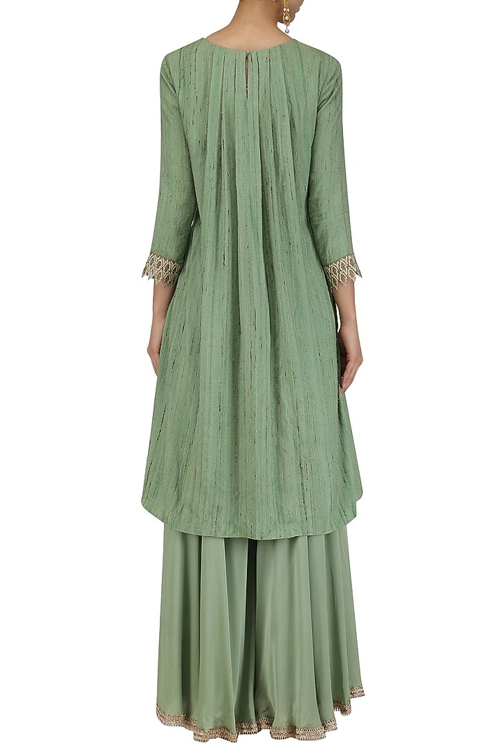 Sage green pleated moonga pashmina flared kurta and sharara set available only at Pernia's Pop Up Shop.