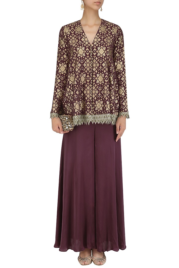 Plum handloom brocade embellished pashtun and sharara set available only at Pernia's Pop Up Shop.