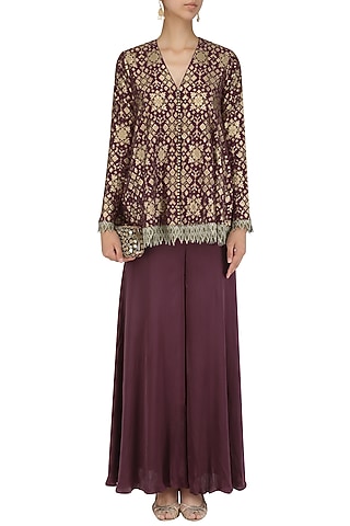 Plum handloom brocade embellished pashtun and sharara set by Divya Gupta