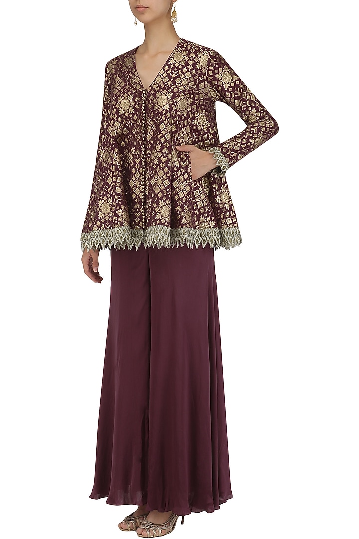 Plum handloom brocade embellished pashtun and sharara set available only at Pernia's Pop Up Shop.