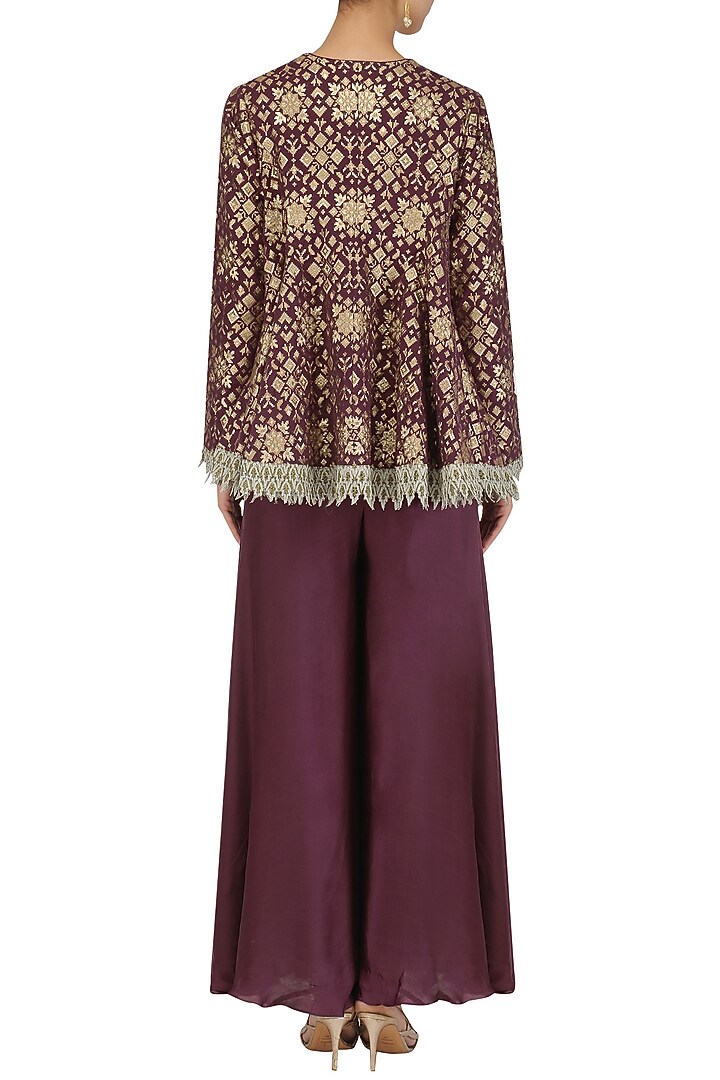 Plum handloom brocade embellished pashtun and sharara set available only at Pernia's Pop Up Shop.