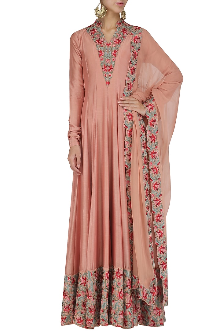 English rose thread and dabka embroidered anarkali set available only at Pernia's Pop Up Shop.