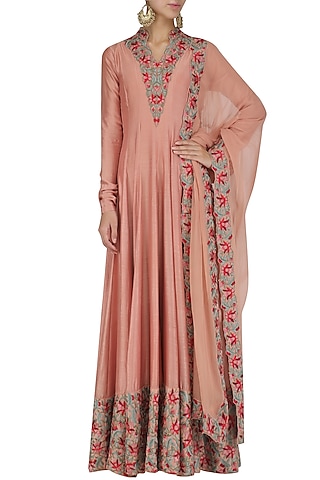 English rose thread and dabka embroidered anarkali set by Divya Gupta