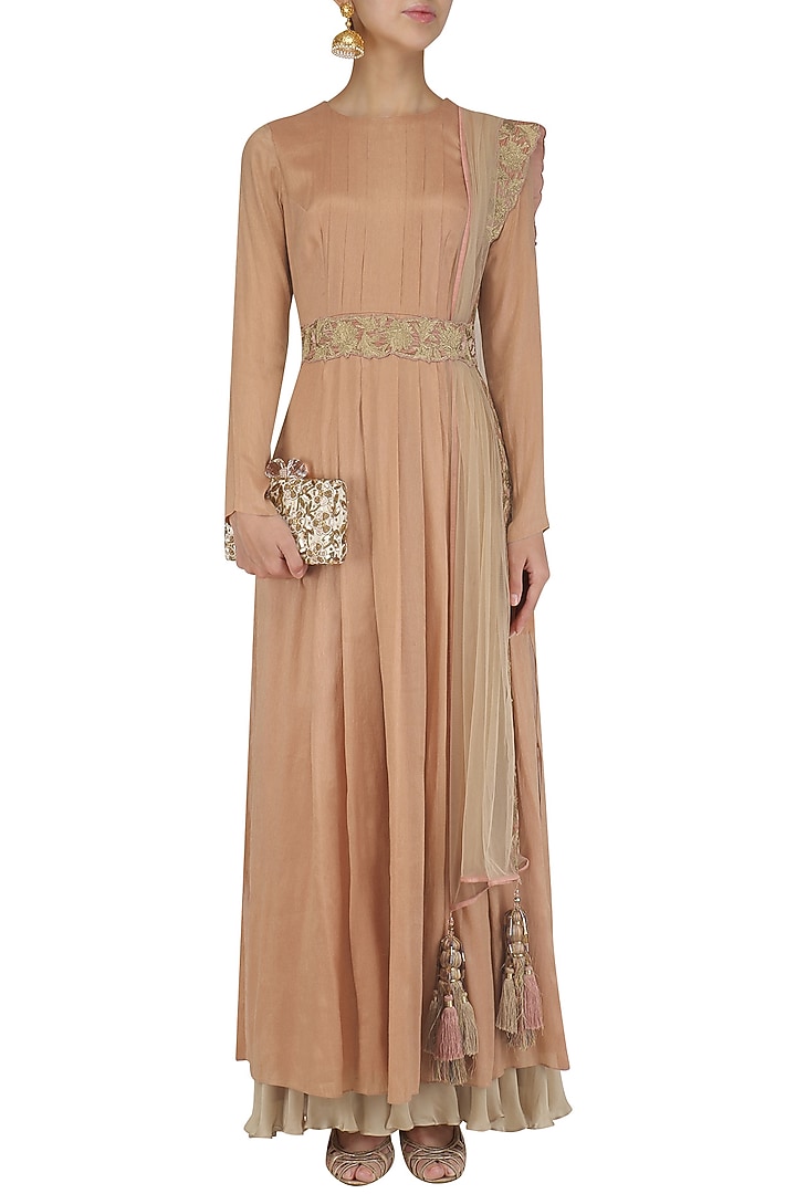 English rose pleated banarasi anarkali and sharara set available only at Pernia's Pop Up Shop.