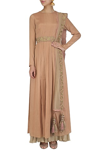 English rose pleated banarasi anarkali and sharara set by Divya Gupta