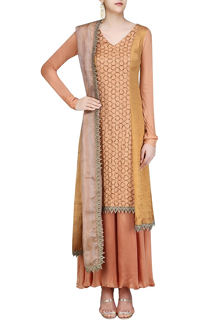 Flesh color assymetrical banarasi and moonga embroidered kurta set available only at Pernia's Pop Up Shop.