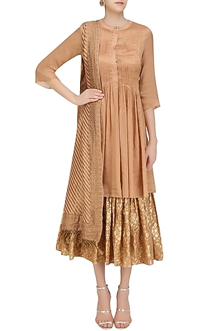Flesh Color Multi Layered Kurta Set with Handloom Dupatta by Divya Gupta