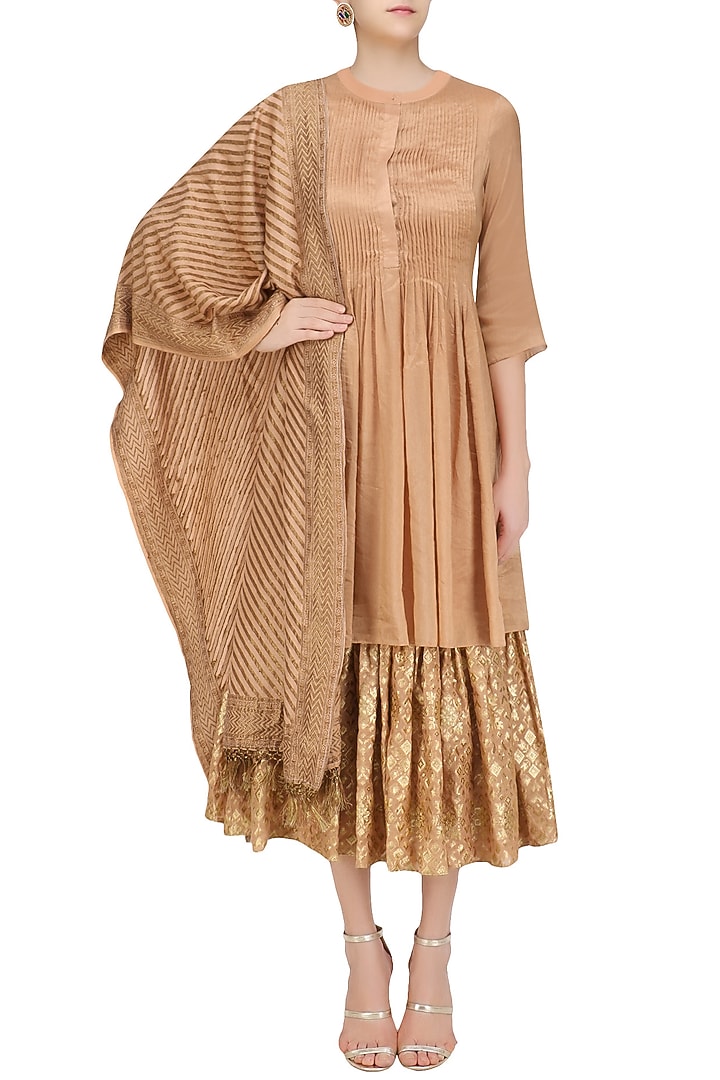 Flesh color multi layered kurta set with handloom dupatta available only at Pernia's Pop Up Shop.