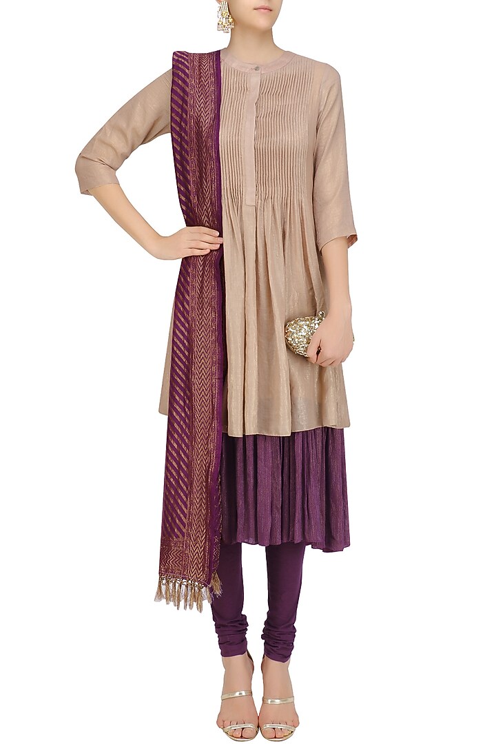 Plum multi layered banarasi shimmer kurta set with handloom dupatta available only at Pernia's Pop Up Shop.