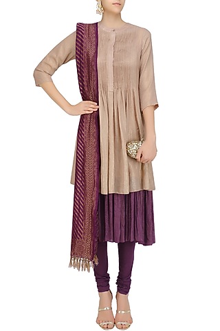 Plum Multi Layered Banarasi Shimmer Kurta Set with Handloom Dupatta by Divya Gupta
