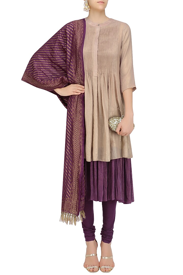 Plum multi layered banarasi shimmer kurta set with handloom dupatta available only at Pernia's Pop Up Shop.