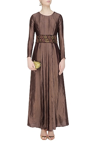 Plum banarasi silk pleated dress and floral embroidered belt by Divya Gupta