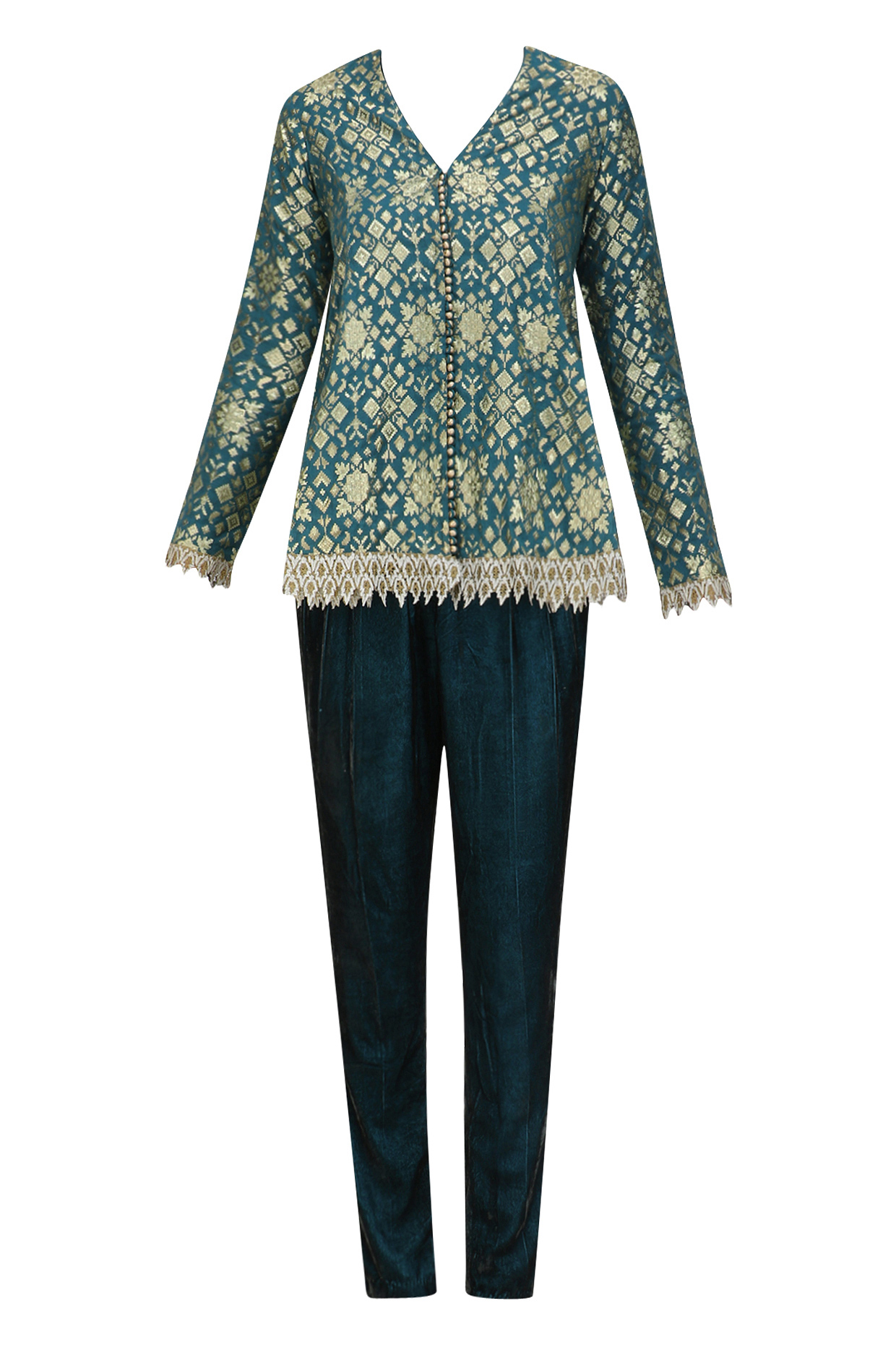 Teal blue brocade embellished pashtun with velvet pants available only at Pernia's Pop Up Shop.