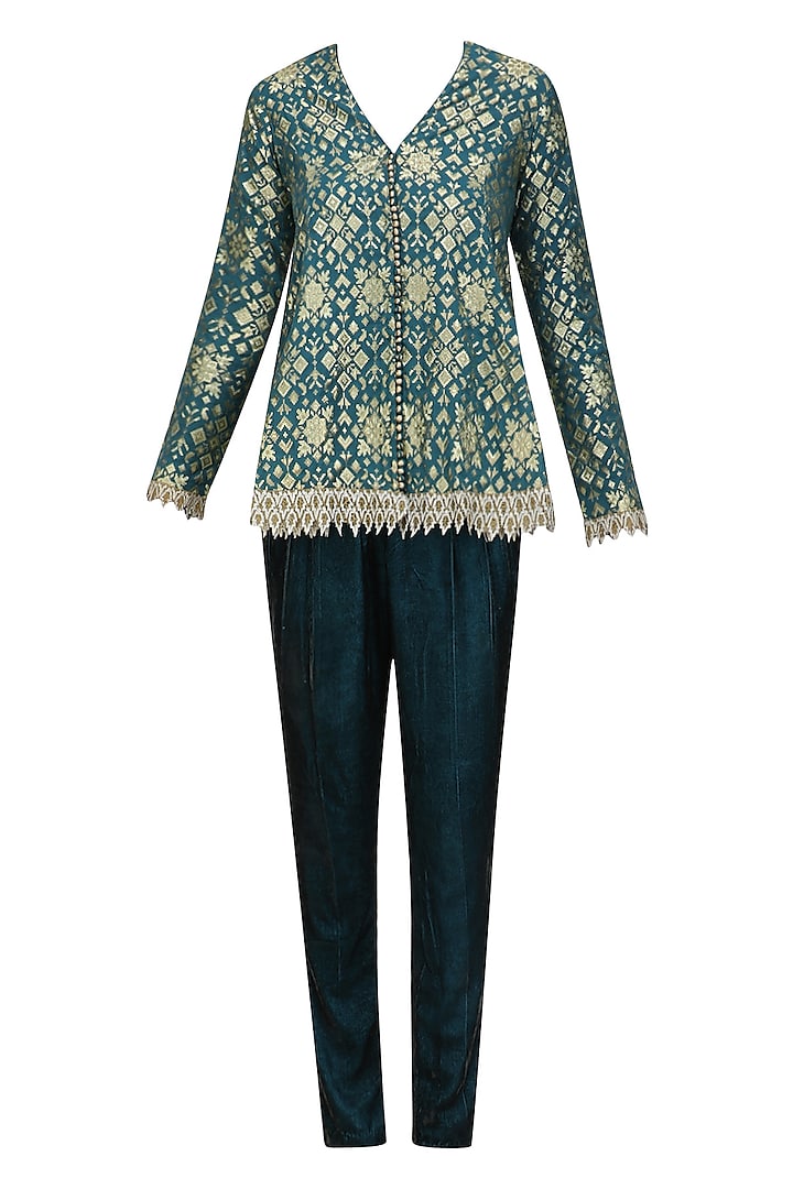 Teal Blue Brocade Embellished Pashtun with Velvet Pants by Divya Gupta