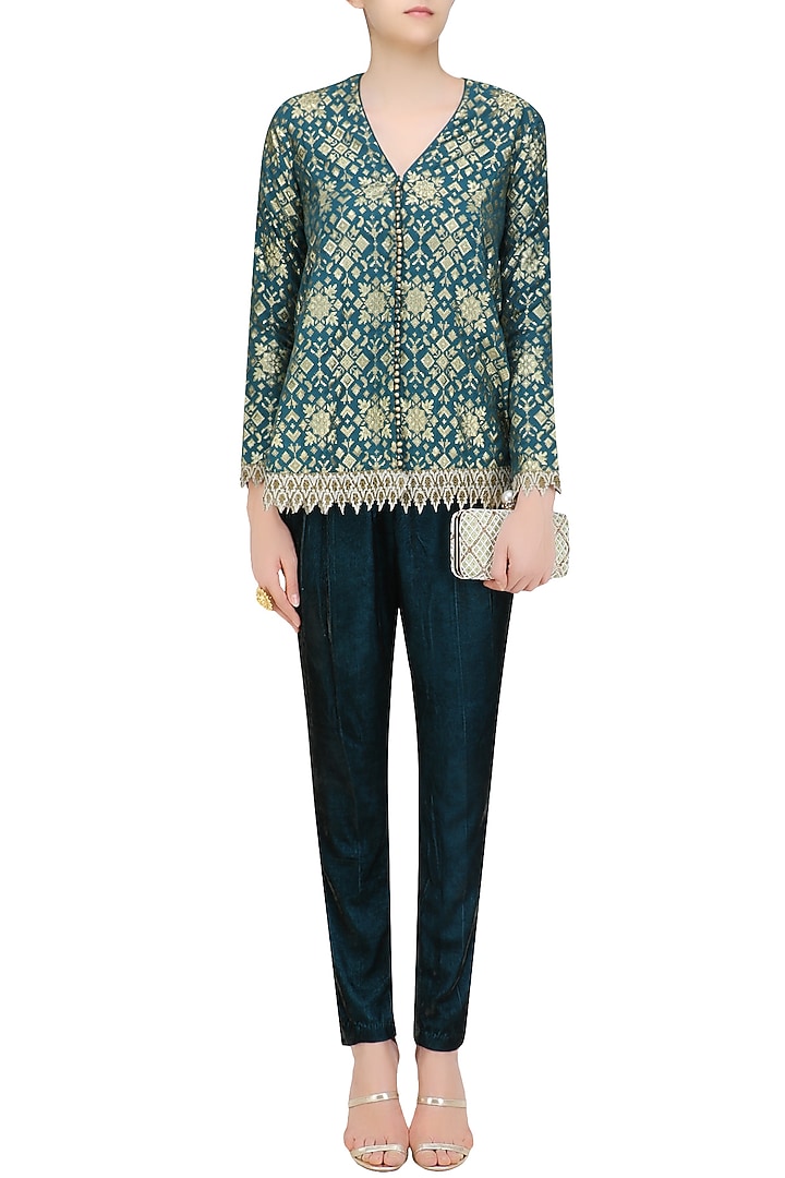 Teal blue brocade embellished pashtun with velvet pants available only at Pernia's Pop Up Shop.