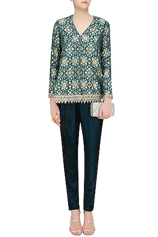 Teal Blue Brocade Embellished Pashtun with Velvet Pants by Divya Gupta