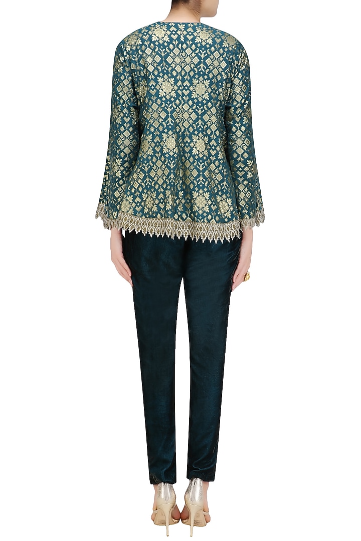 Teal blue brocade embellished pashtun with velvet pants available only at Pernia's Pop Up Shop.