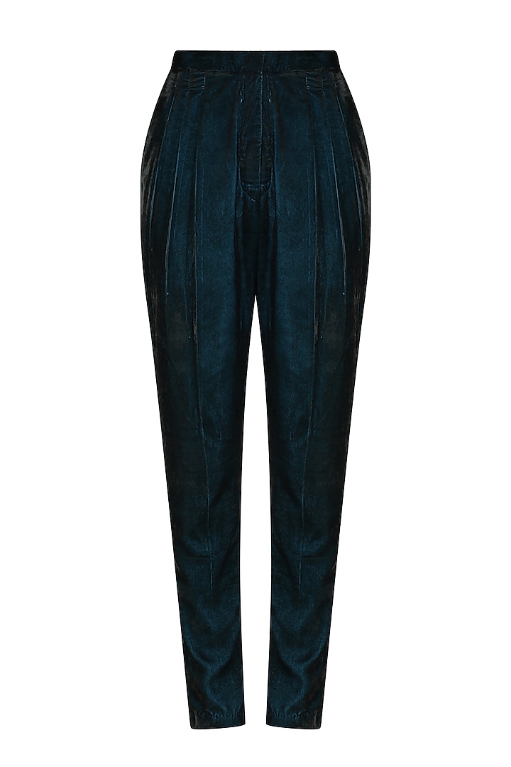 Teal blue brocade embellished pashtun with velvet pants available only at Pernia's Pop Up Shop.