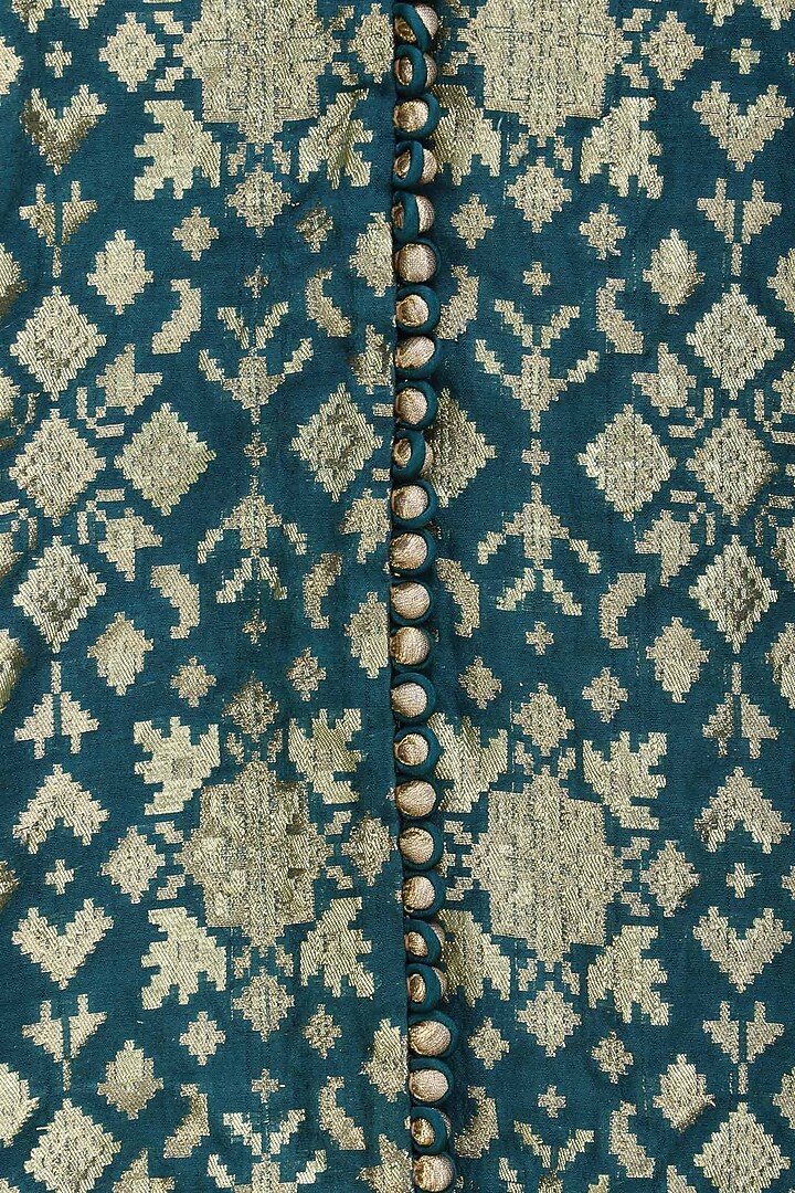 Teal blue brocade embellished pashtun with velvet pants available only at Pernia's Pop Up Shop.