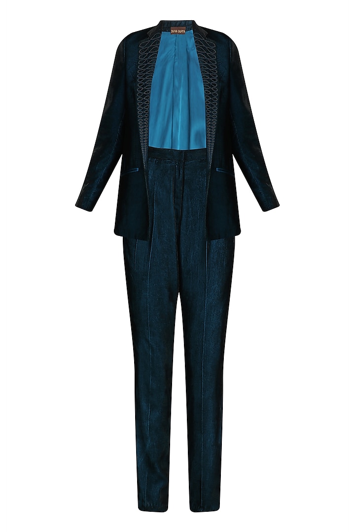 Teal Blue Embroidered Lapel Blazer and Pants Suit by Divya Gupta