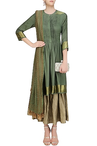Moss Green Multi Layered Tussar Moonga Farsi Kurta Set by Divya Gupta