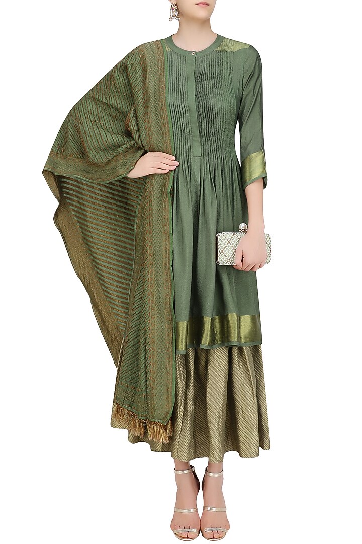 Moss green multi layered tussar moonga farsi kurta set available only at Pernia's Pop Up Shop.