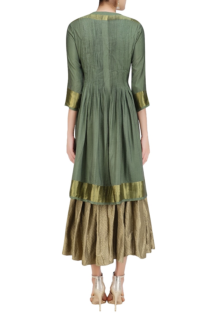Moss green multi layered tussar moonga farsi kurta set available only at Pernia's Pop Up Shop.