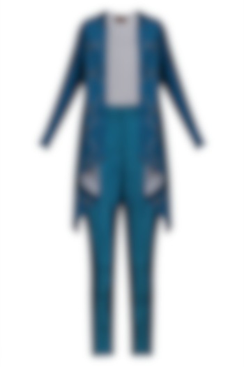 Teal blue front open cape and pant suit available only at Pernia's Pop Up Shop.