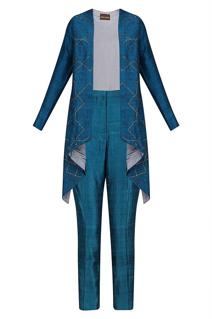 Teal Blue Front Open Cape and Pant Suit by Divya Gupta