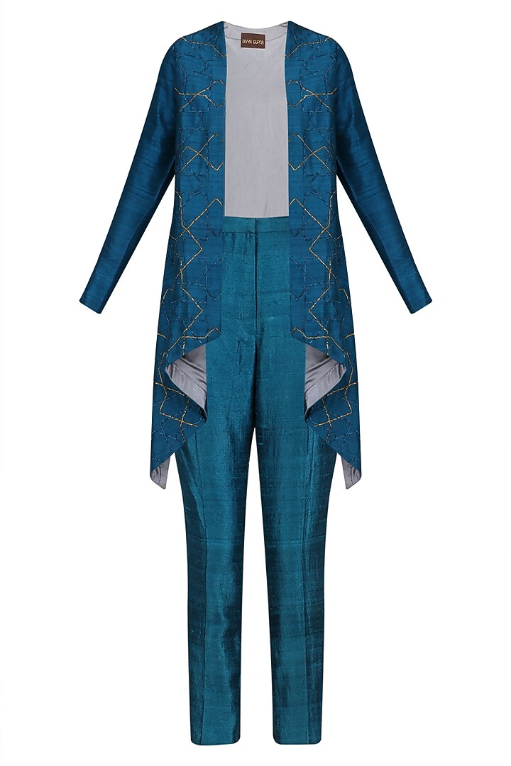 Teal blue front open cape and pant suit available only at Pernia's Pop Up Shop.