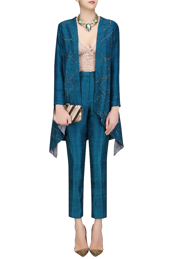 Teal blue front open cape and pant suit available only at Pernia's Pop Up Shop.