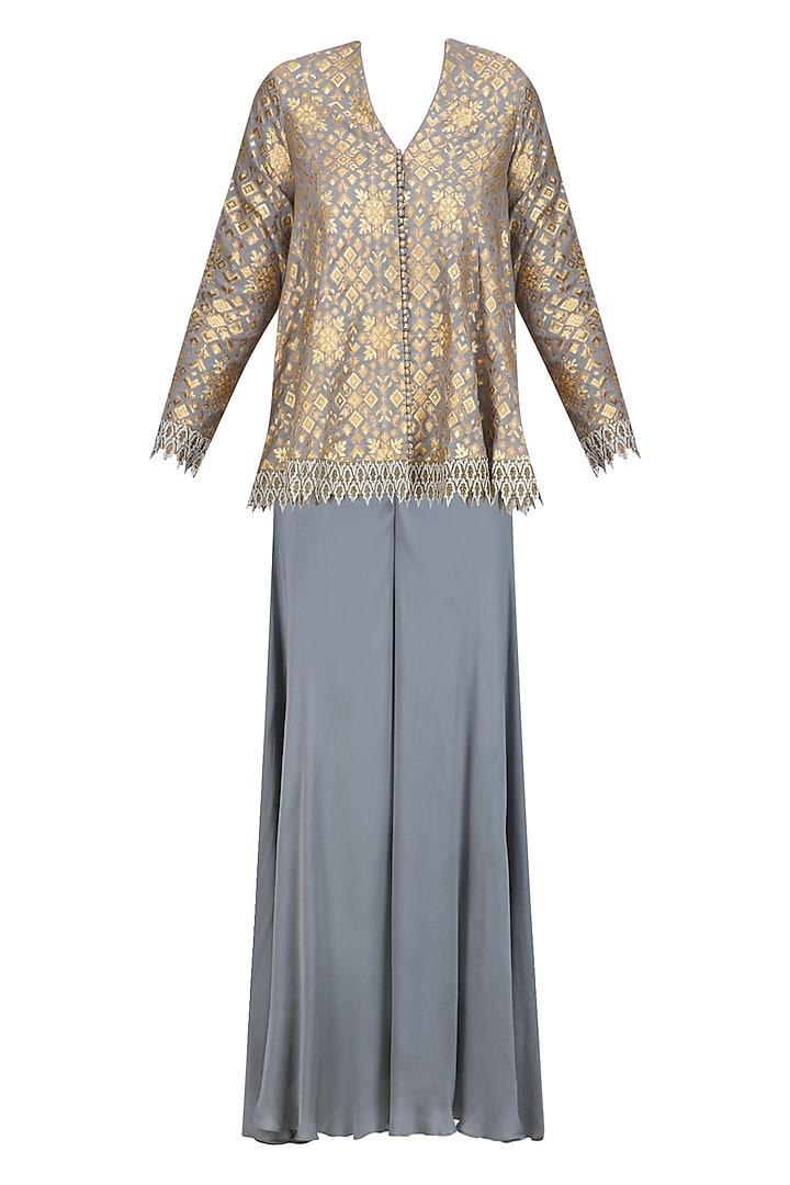 Grey Brocade Embellished Pashtun and Sharara Pants Set by Divya Gupta
