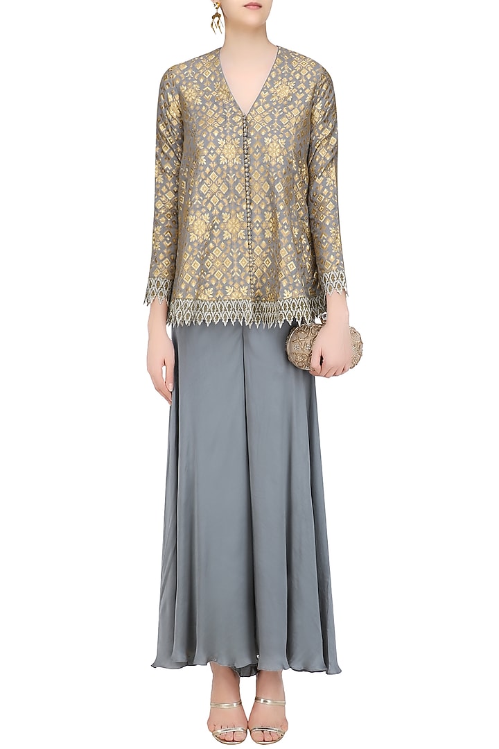 Grey brocade embellished pashtun and sharara pants set available only at Pernia's Pop Up Shop.