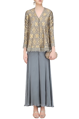 Grey Brocade Embellished Pashtun and Sharara Pants Set by Divya Gupta