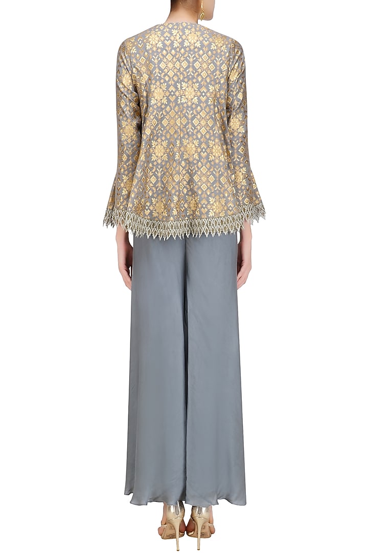 Grey brocade embellished pashtun and sharara pants set available only at Pernia's Pop Up Shop.