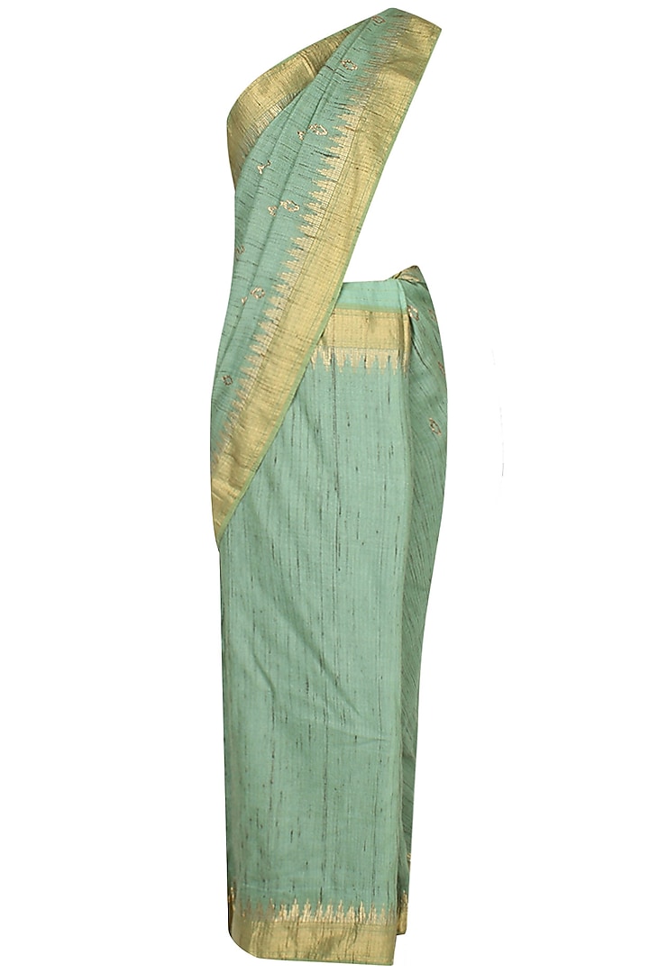 Sage Green Pitta Work Handcrafted Saree With Sage Green Pashmina Embroidered Blouse by Divya Gupta