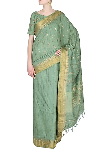 Sage Green Pitta Work Handcrafted Saree With Sage Green Pashmina Embroidered Blouse by Divya Gupta